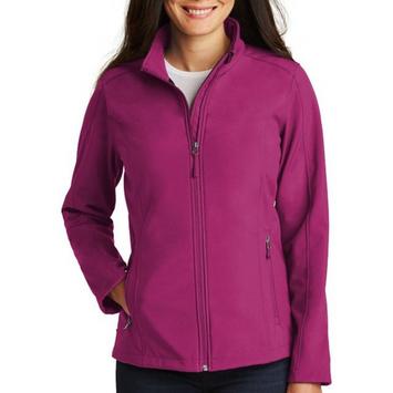 Port Authority women's core soft shell jacket branded with a company logo