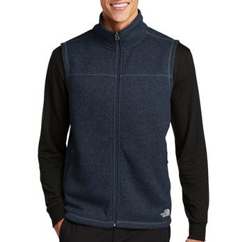 The North Face unisex sweater fleece vest, a blank navy heather sweater-knit fleece vest with a full-zip front