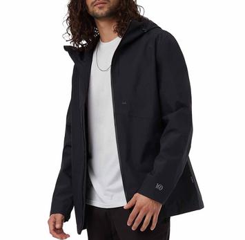 tentree men's long rain jacket, a blank longer-cut rain shell in meteorite black