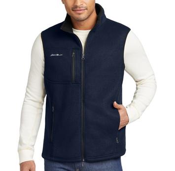 Eddie Bauer unisex fleece vest, a blank navy fleece vest with a zippered chest pocket