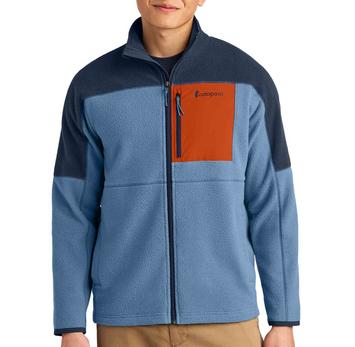 Cotopaxi unisex Abrazo full-zip fleece jacket, a blank colorblocked fleece in blue and navy with an orange chest pocket
